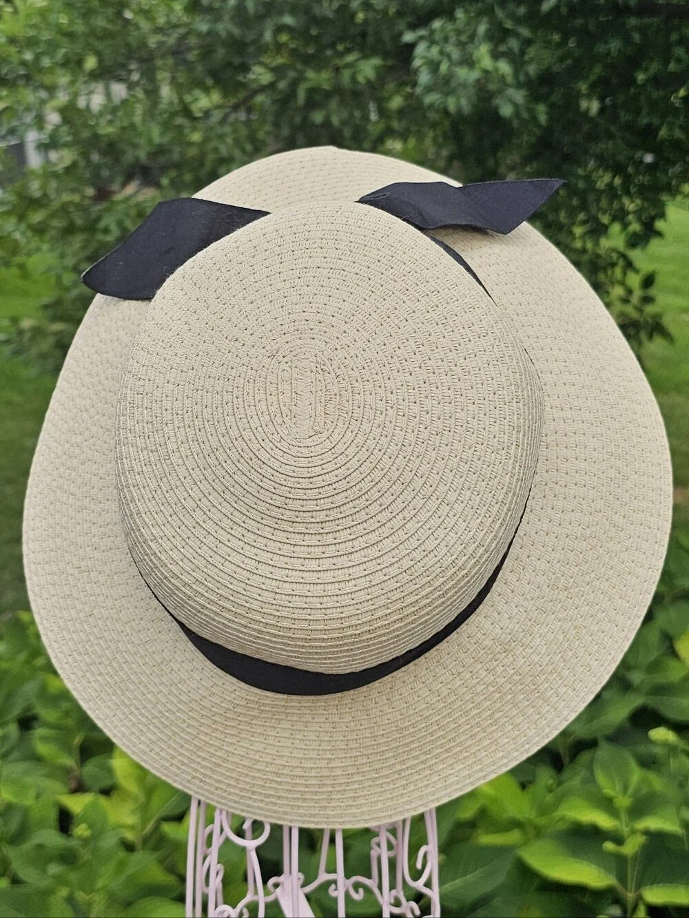 Cream Straw Sun Hat with Black Ribbon Bow
